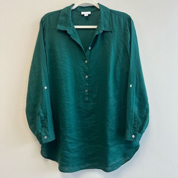 J.Jill Love Linen Tunic Hunter Green Long Sleeve Button Christmas Women’s M Pet - Picture 1 of 11
